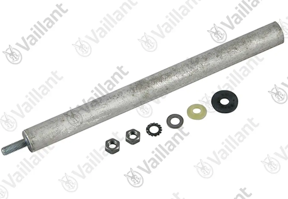 Metallstange mit Gewinde und mehreren Unterlegscheiben und Riegeln in der Nähe. Vaillant-Produkt, vermutlich Bestandteil eines Heizsystems.
